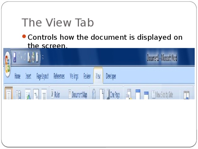 The View Tab Controls how the document is displayed on the screen. 