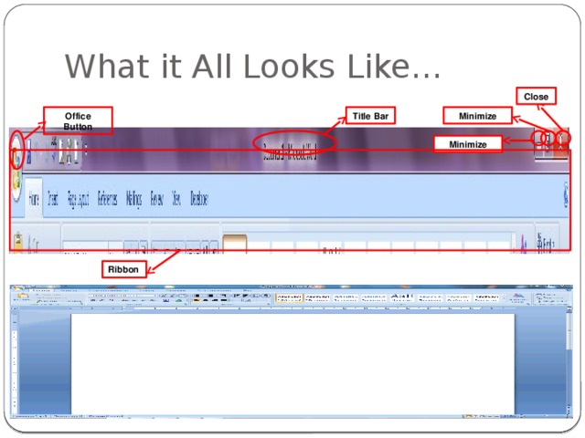 What it All Looks Like… Close Title Bar Office Button Minimize Minimize Ribbon 