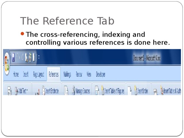 The Reference Tab The cross-referencing, indexing and controlling various references is done here. 