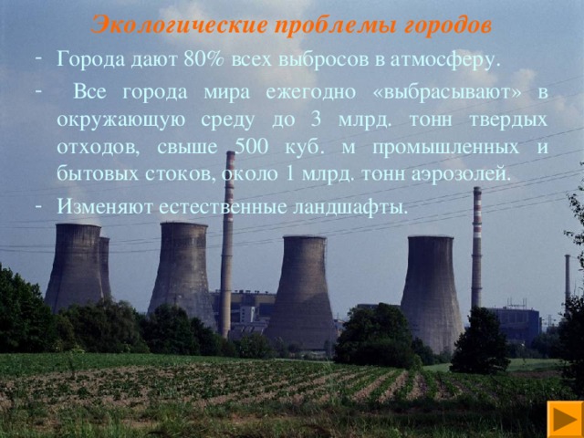 Экологические проблемы городов Города дают 80% всех выбросов в атмосферу.  Все города мира ежегодно «выбрасывают» в окружающую среду до 3 млрд. тонн твердых отходов, свыше 500 куб. м промышленных и бытовых стоков, около 1 млрд. тонн аэрозолей. Изменяют естественные ландшафты. 