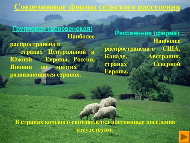 Современные формы сельского расселения  Групповая (деревенская)  Наиболее распространена в  странах Центральной и Южной Европы, России, Японии во многих развивающихся странах.   Рассеянная (ферма)  Наиболее распространена в США, Канаде, Австралии, странах Северной Европы.  В странах кочевого скотоводства постоянные поселения отсутствуют . 