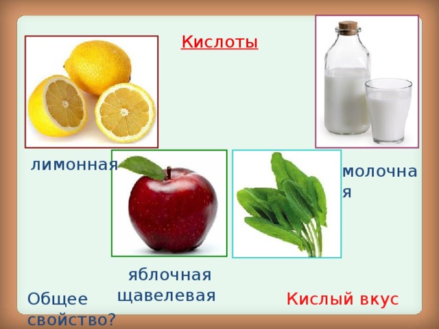Кислоты лимонная молочная  яблочная щавелевая Общее свойство? Кислый вкус