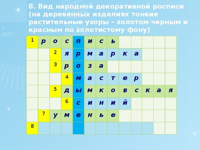 8. Вид народной декоративной росписи (на деревянных изделиях тонкие растительные узоры – золотом черным и красным по золотистому фону) 1 р о с 2 п 3 я и р р м 5 4 с о 7 д ь з м 8 а а ы 6 а у р м м с к с и к е а т о н е н и в р ь с е й к а я 