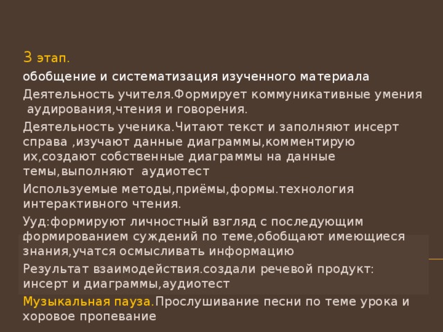 3 этап.  обобщение и систематизация изученного материала Деятельность учителя.Формирует коммуникативные умения аудирования , чтения и говорения. Деятельность ученика.Читают текст и заполняют инсерт справа , изучают данные диаграммы , комментирую их , создают собственные диаграммы на данные темы , выполняют аудиотест Используемые методы , приёмы , формы.технология интерактивного чтения. Ууд:формируют личностный взгляд с последующим формированием суждений по теме , обобщают имеющиеся знания , учатся осмысливать информацию Результат взаимодействия.создали речевой продукт: инсерт и диаграммы , аудиотест Музыкальная пауза. Прослушивание песни по теме урока и хоровое пропевание 