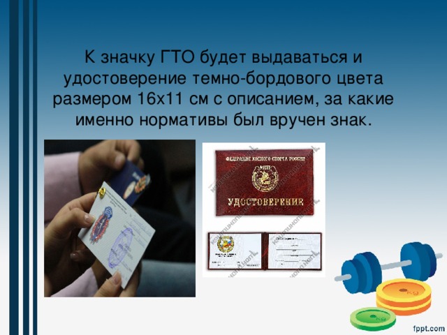 К значку ГТО будет выдаваться и удостоверение темно-бордового цвета размером 16х11 см с описанием, за какие именно нормативы был вручен знак. 