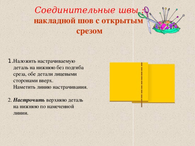 Соединительные швы : накладной шов с открытым cрезом  1 . Наложить настрачиваемую  деталь на нижнюю без подгиба  среза, обе детали лицевыми  сторонами вверх.  Наметить линию настрачивания. 2. Настрочить верхнюю деталь  на нижнюю по намеченной  линии. 