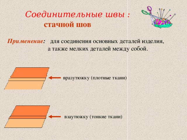 Соединительные швы :  стачной шов Применение : для соединения основных деталей изделия,  а также мелких деталей между собой. вразутюжку (плотные ткани) взаутюжку (тонкие ткани) 