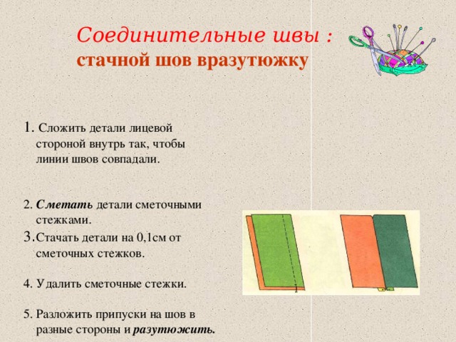 Соединительные швы : стачной шов вразутюжку   1. Сложить детали лицевой  стороной внутрь так, чтобы  линии швов совпадали. 2. Сметать детали сметочными  стежками. 3 . Стачать детали на 0,1см от  сметочных стежков. 4. Удалить сметочные стежки. 5. Разложить припуски на шов в  разные стороны и разутюжить. 