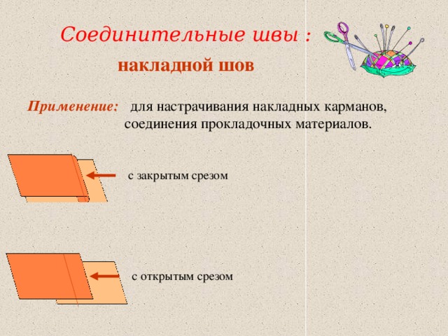 Соединительные швы : накладной шов Применение:  для настрачивания накладных карманов,  соединения прокладочных материалов. с закрытым срезом с открытым срезом 