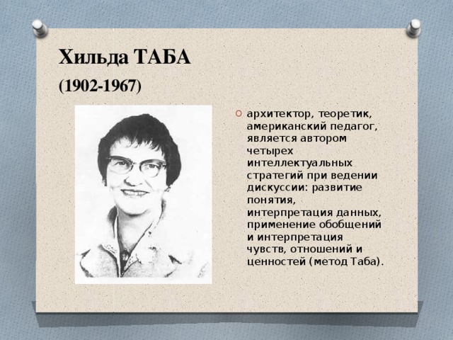 Хильда ТАБА  (1902-1967)   архитектор, теоретик, американский педагог, является автором четырех интеллектуальных стратегий при ведении дискуссии: развитие понятия, интерпретация данных, применение обобщений и интерпретация чувств, отношений и ценностей (метод Таба). 