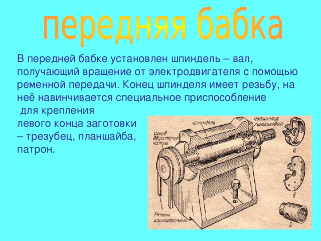 В передней бабке установлен шпиндель – вал, получающий вращение от электродвигателя с помощью ременной передачи. Конец шпинделя имеет резьбу, на неё навинчивается специальное приспособление  для крепления левого конца заготовки – трезубец, планшайба, патрон. 