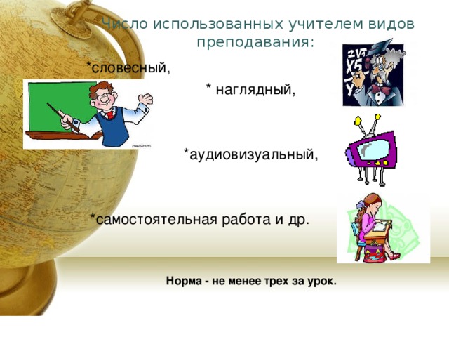 Число использованных учителем видов преподавания:  *словесный, * наглядный, *аудиовизуальный,  *самостоятельная работа и др. Норма - не менее трех за урок. 