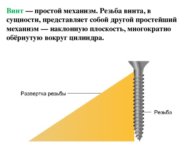 Винт — простой механизм. Резьба винта, в сущности, представляет собой другой простейший механизм — наклонную плоскость, многократно обёрнутую вокруг цилиндра. 
