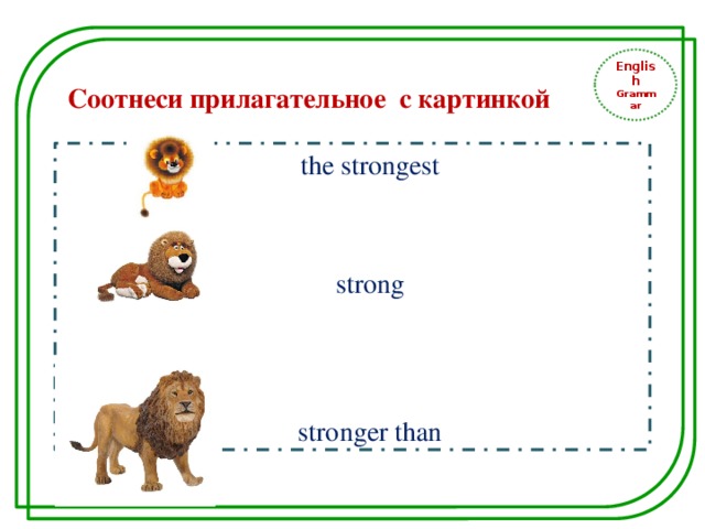 English Grammar Соотнеси прилагательное с картинкой the strongest strong stronger than 