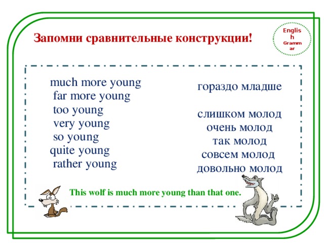 English Grammar Запомни сравнительные конструкции! much more young  far more young  too young  very young  so young quite young  rather young гораздо младше  слишком молод  очень молод  так молод совсем молод  довольно молод This wolf is much more young than that one. 