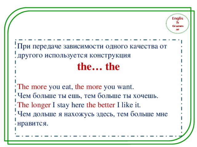 English Grammar При передаче зависимости одного качества от другого используется конструкция the… the The more you eat, the more you want. Чем больше ты ешь, тем больше ты хочешь. The longer I stay here the better I like it. Чем дольше я нахожусь здесь, тем больше мне нравится. 