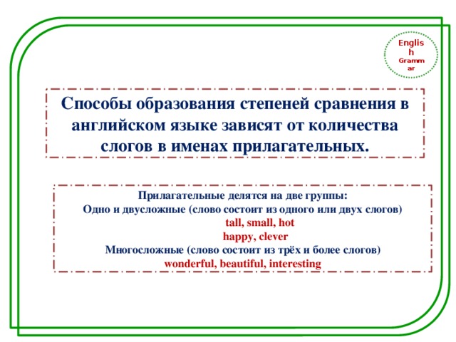 English Grammar Способы образования степеней сравнения в английском языке зависят от количества слогов в именах прилагательных. Прилагательные делятся на две группы: Одно и двусложные (слово состоит из одного или двух слогов)  tall, small, hot  happy, clever Многосложные (слово состоит из трёх и более слогов) wonderful, beautiful, interesting 