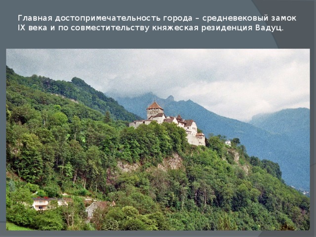 Главная достопримечательность города – средневековый замок IX века и по совместительству княжеская резиденция Вадуц.   