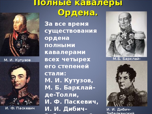 Полные кавалеры Ордена. За все время существования ордена полными кавалерами всех четырех его степеней стали: М. И. Кутузов, М. Б. Барклай-де-Толли, И. Ф. Паскевич, И. И. Дибич-Забалканский.  М.Б. Барклай-де-Толли  М. И. Кутузов И. Ф. Паскевич И. И. Дибич-Забалканский 