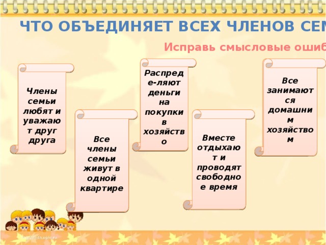 Что объединяет всех членов семьи? Исправь смысловые ошибки У каждого свой кошелек. У каждого члена семьи своё хозяйство Распреде-ляют деньги на покупки в хозяйство Все занимаются домашним хозяйством   Члены семьи каждый день ссорятся, обижают друг друга. Члены семьи любят и уважают друг друга Для каждого члена семьи – своя отдельная квартира. Каждый член семьи отдыхает отдельно. Все члены семьи живут в одной квартире Вместе отдыхают и проводят свободное время 