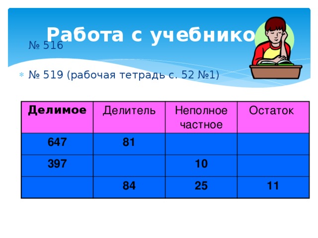 Работа с учебником № 516 № 519 (рабочая тетрадь с. 52 №1) Делимое Делитель 647 Неполное частное 397 81 Остаток 10 84 25 11 