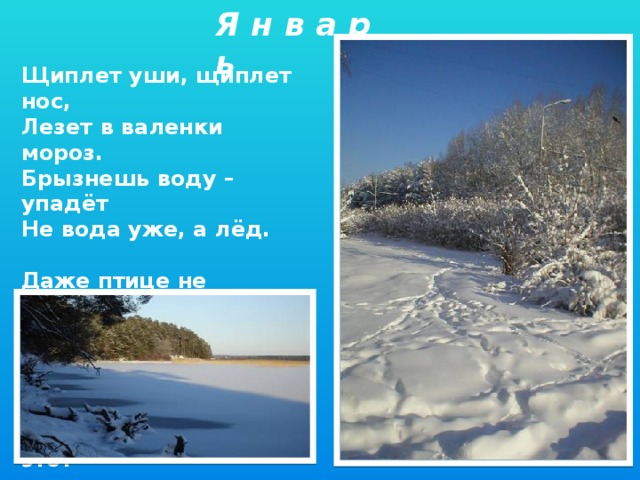 Я н в а р ь Щиплет уши, щиплет нос, Лезет в валенки мороз. Брызнешь воду – упадёт Не вода уже, а лёд.  Даже птице не летится. От мороза стынет птица. Повернуло солнце к лету. Что, скажи, за месяц это?
