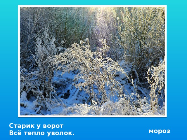 Старик у ворот Всё тепло уволок. мороз
