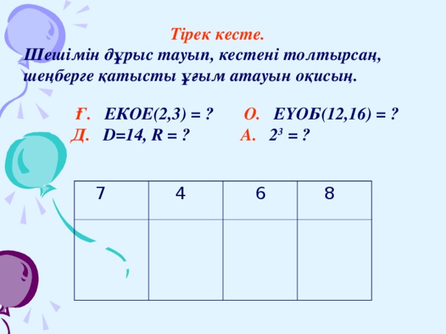 Тірек кесте. Шешімін дұрыс тауып, кестені толтырсаң, шеңберге қатысты ұғым атауын оқисың.   Ғ. ЕКОЕ(2,3) = ? О. ЕҮОБ(12,16) = ?  Д. D=14, R = ?   А. 2 3 = ?    7  4  6  8 