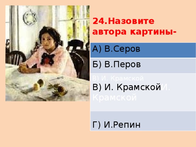 24.Назовите автора картины- А) В.Серов Б) В.Перов В) И. Крамской В) И. Крамской И. Крамской Г) И.Репин 