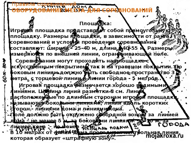 Правила соревнований  ОБОРУДОВАНИЕ МЕСТА ДЛЯ СОРЕВНОВАНИЙ    Площадка: Игровая площадка представляет собой прямоугольную площадку. Размеры площадки, в зависимости от ранга соревнований и условий проведения соревнований составляют: ширина - 25-40 м, длина - 40-55 м. Размеры измеряются по внешней линии, ограничивающей поле.     Соревнования могут проходить на площадке с искусственным покрытием, так и на травяном покрытии. По боковым линиям должно быть свободное пространство 3 метра, с торцевой линии и линии города - 5 метров.  Игровая площадка размечается хорошо видимыми линиями. Ширина линий разметки 8 см. Линии, расположенные по длинным сторонам игровой площадки, называются боковыми линиями, линии вдоль коротких сторон - линиями дома и линиями кона.  Поле должно быть окружено свободной зоной: за  линией дома – не менее 5 м, за боковыми линиями  – 5-10 м, за линией кона  – не менее 20 м.  В 10 метрах от линии дома проводится контрольная линия, которая образует «штрафную зону».  
