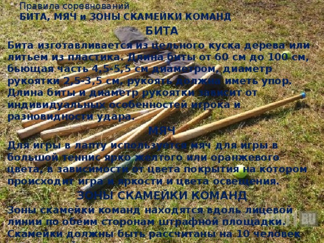 Правила соревнований  БИТА, МЯЧ и ЗОНЫ СКАМЕЙКИ КОМАНД   БИТА Бита изготавливается из цельного куска дерева или литьем из пластика. Длина биты от 60 см до 100 см, бьющая часть 4,5-5,5 см диаметром, диаметр рукоятки 2,5-3,5 см, рукоять должна иметь упор.  Длина биты и диаметр рукоятки зависит от индивидуальных особенностей игрока и разновидности удара. МЯЧ Для игры в лапту используется мяч для игры в большой теннис ярко желтого или оранжевого цвета, в зависимости от цвета покрытия на котором происходит игра и яркости и цвета освещения. ЗОНЫ СКАМЕЙКИ КОМАНД Зоны скамейки команд находятся вдоль лицевой линии по обеим сторонам штрафной площадки. Скамейки должны быть рассчитаны на 10 человек для каждой команды.   