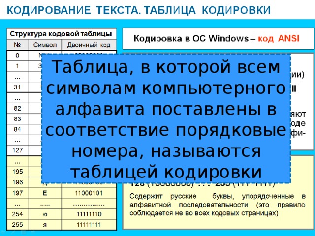 Таблица, в которой всем символам компьютерного алфавита поставлены в соответствие порядковые номера, называются таблицей кодировки
