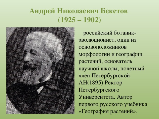 Андрей Николаевич Бекетов  (1925 – 1902)  российский ботаник-эволюционист, один из основоположников морфологии и географии растений, основатель научной школы, почетный член Петербургской АН(1895) Ректор Петербургского Университета. Автор первого русского учебника «География растений». 