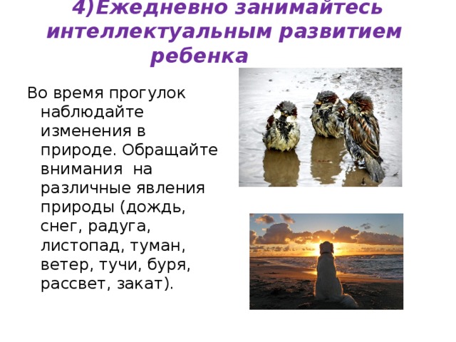 4)Ежедневно занимайтесь интеллектуальным развитием ребенка   Во время прогулок наблюдайте изменения в природе. Обращайте внимания на различные явления природы (дождь, снег, радуга, листопад, туман, ветер, тучи, буря, рассвет, закат). 