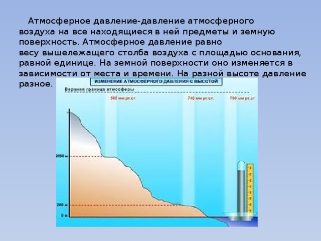  Атмосферное давление-давление атмосферного воздуха на все находящиеся в ней предметы и земную поверхность. Атмосферное давление равно весу вышележащего столба воздуха с площадью основания, равной единице. На земной поверхности оно изменяется в зависимости от места и времени. На разной высоте давление разное. 
