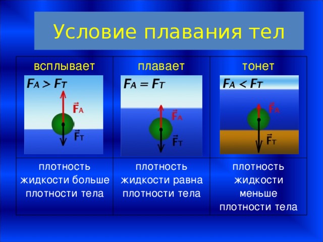 Условие плавания тел всплывает плавает плотность жидкости больше плотности тела тонет плотность жидкости равна плотности тела плотность жидкости меньше плотности тела 
