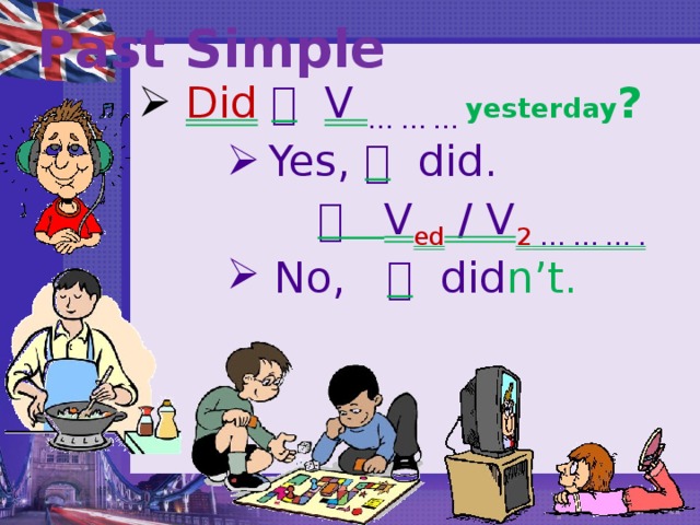 Past Simple  Did    V … … … yesterday ?  Yes,  did.  Yes,  did.  Yes,  did.  Yes,  did.    V ed / V 2 … … … .  No,  did n’t.  No,  did n’t.  No,  did n’t.  No,  did n’t. 
