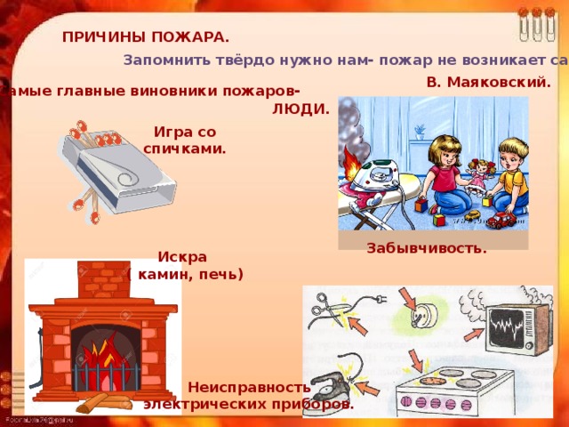  ПРИЧИНЫ ПОЖАРА. Запомнить твёрдо нужно нам- пожар не возникает сам! В. Маяковский. Самые главные виновники пожаров- ЛЮДИ. Игра со спичками. Забывчивость. Искра ( камин, печь) Неисправность электрических приборов. 