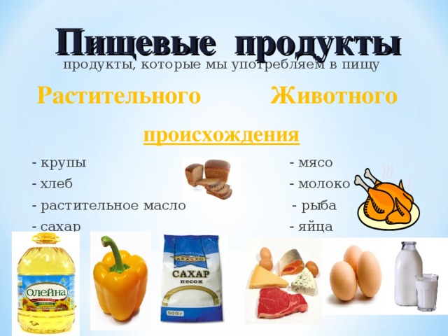 продукты, которые мы употребляем в пищу  Растительного Животного происхождения  - крупы      - мясо  - хлеб      - молоко  - растительное масло    - рыба  - сахар      - яйца Пищевые продукты  