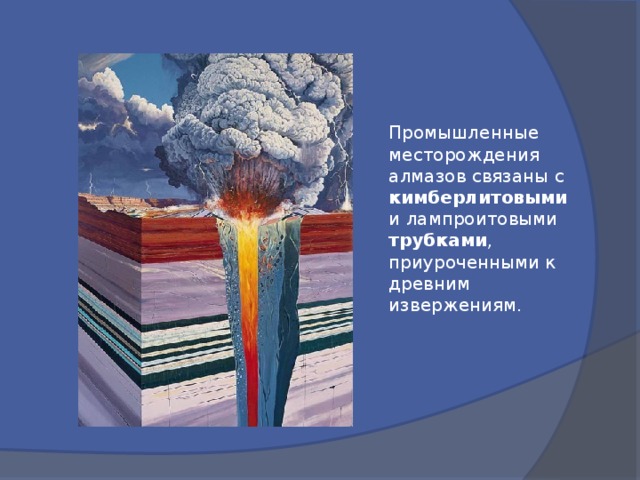 Промышленные месторождения алмазов связаны с кимберлитовыми и лампроитовыми трубками , приуроченными к древним извержениям. 