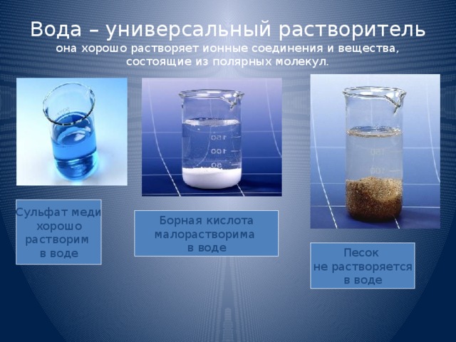 Вода – универсальный растворитель  она хорошо растворяет ионные соединения и вещества, состоящие из полярных молекул. Сульфат меди хорошо растворим в воде Борная кислота малорастворима в воде Песок не растворяется в воде 