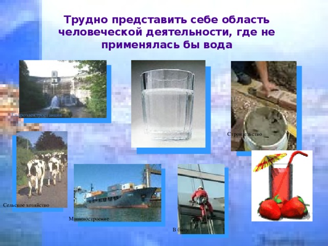 Трудно представить себе область человеческой деятельности, где не применялась бы вода Гидроэлектростанция Строительство Сельское хозяйство Машиностроение В быту 