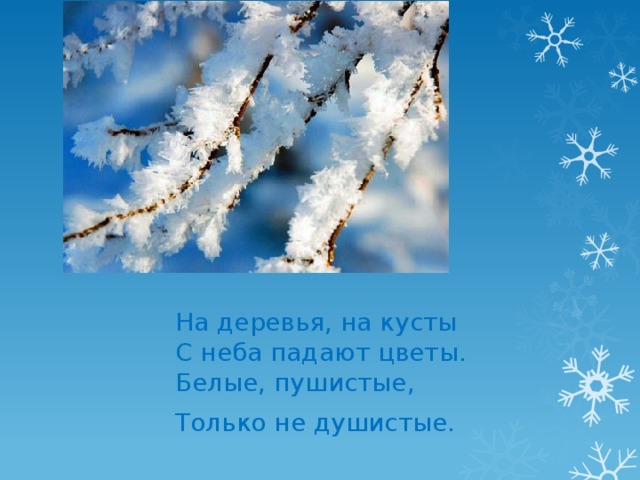 На деревья, на кусты   С неба падают цветы.   Белые, пушистые,   Только не душистые.   