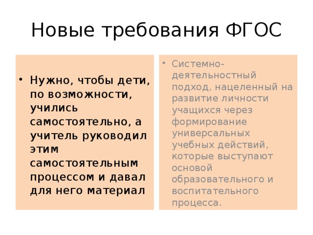 Новые требования ФГОС Системно-деятельностный подход, нацеленный на развитие личности учащихся через формирование универсальных учебных действий, которые выступают основой образовательного и воспитательного процесса. Нужно, чтобы дети, по возможности, учились самостоятельно, а учитель руководил этим самостоятельным процессом и давал для него материал 