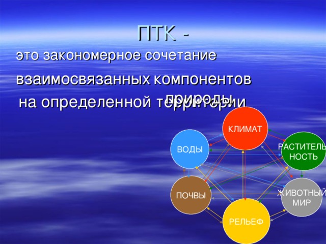 ПТК - это закономерное сочетание компонентов природы взаимосвязанных на определенной территории КЛИМАТ ВОДЫ РАСТИТЕЛЬ- НОСТЬ ПОЧВЫ ЖИВОТНЫЙ МИР РЕЛЬЕФ 