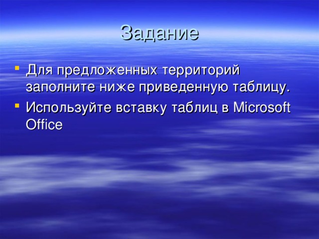 Задание Для предложенных территорий заполните ниже приведенную таблицу. Используйте вставку таблиц в Microsoft Office 