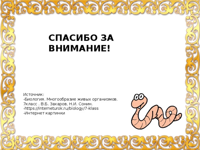 СПАСИБО ЗА ВНИМАНИЕ! Источник: -Биология. Многообразие живых организмов. 7класс . В.Б. Захаров, Н.И. Сонин. -https://interneturok.ru/biology/7-klass -Интернет картинки 