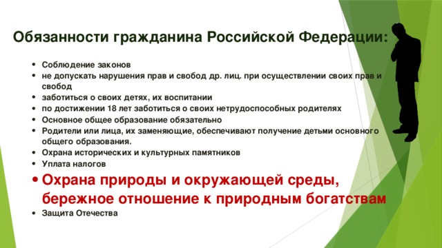 Обязанности гражданина Российской Федерации: Соблюдение законов не допускать нарушения прав и свобод др. лиц. при осуществлении своих прав и свобод заботиться о своих детях, их воспитании по достижении 18 лет заботиться о своих нетрудоспособных родителях Основное общее образование обязательно Родители или лица, их заменяющие, обеспечивают получение детьми основного общего образования. Охрана исторических и культурных памятников Уплата налогов Соблюдение законов не допускать нарушения прав и свобод др. лиц. при осуществлении своих прав и свобод заботиться о своих детях, их воспитании по достижении 18 лет заботиться о своих нетрудоспособных родителях Основное общее образование обязательно Родители или лица, их заменяющие, обеспечивают получение детьми основного общего образования. Охрана исторических и культурных памятников Уплата налогов Охрана природы и окружающей среды, бережное отношение к природным богатствам Охрана природы и окружающей среды, бережное отношение к природным богатствам Защита Отечества Защита Отечества 