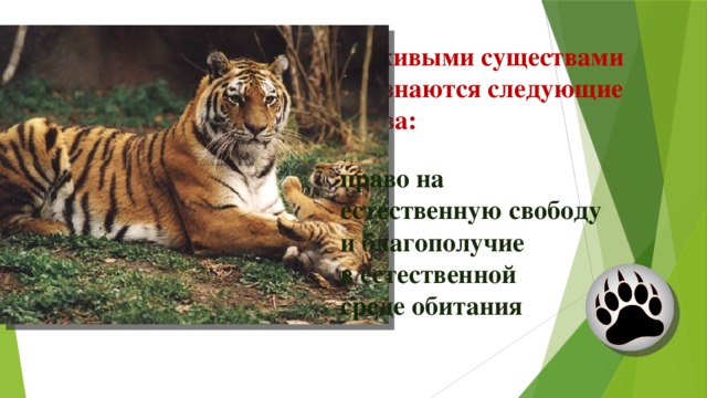 За живыми существами признаются следующие права: право на естественную свободу и благополучие в естественной среде обитания 