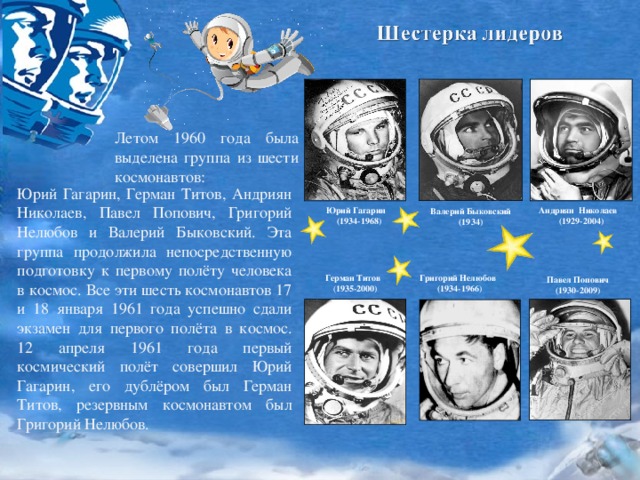 Летом 1960 года была выделена группа из шести космонавтов: Юрий Гагарин, Герман Титов, Андриян Николаев, Павел Попович, Григорий Нелюбов и Валерий Быковский. Эта группа продолжила непосредственную подготовку к первому полёту человека в космос. Все эти шесть космонавтов 17 и 18 января 1961 года успешно сдали экзамен для первого полёта в космос. 12 апреля 1961 года первый космический полёт совершил Юрий Гагарин, его дублёром был Герман Титов, резервным космонавтом был Григорий Нелюбов. Андриян Николаев (1929-2004) Юрий Гагарин  (1934-1968) Валерий Быковский  (1934) Григорий Нелюбов  (1934-1966) Герман Титов   ( 1935-2000) Павел Попович (1930-2009) 